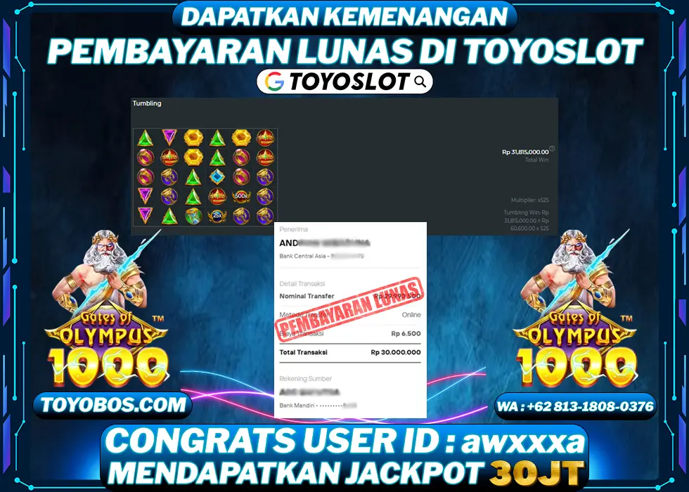 TOYOSLOT - BUKTI KEMENANGAN Gates Of Olympus 1000x Rp30,000,000,- LUNAS